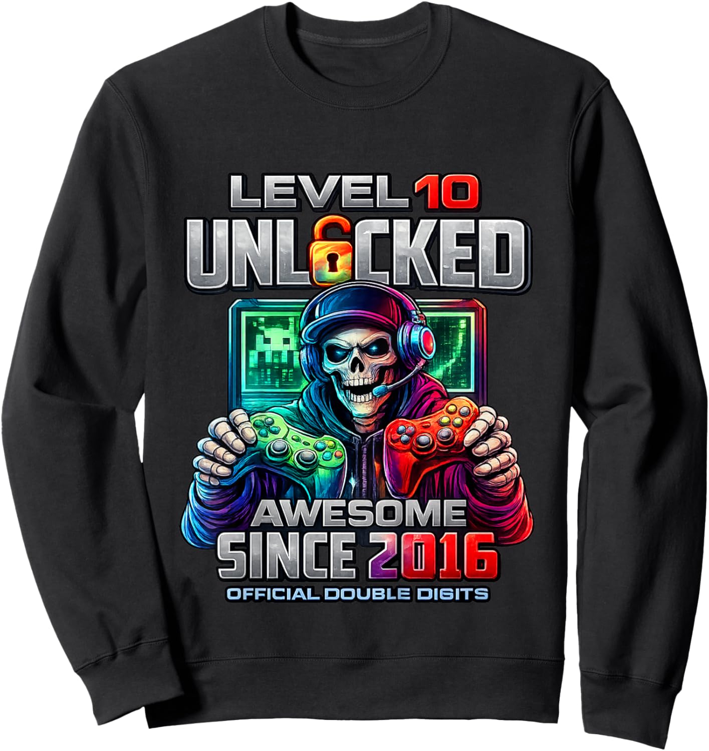 Kids Level 10 Unlocked Awesome Since 2016 10th Birthday Gaming Sweatshirt - Sweatshirt | Black
