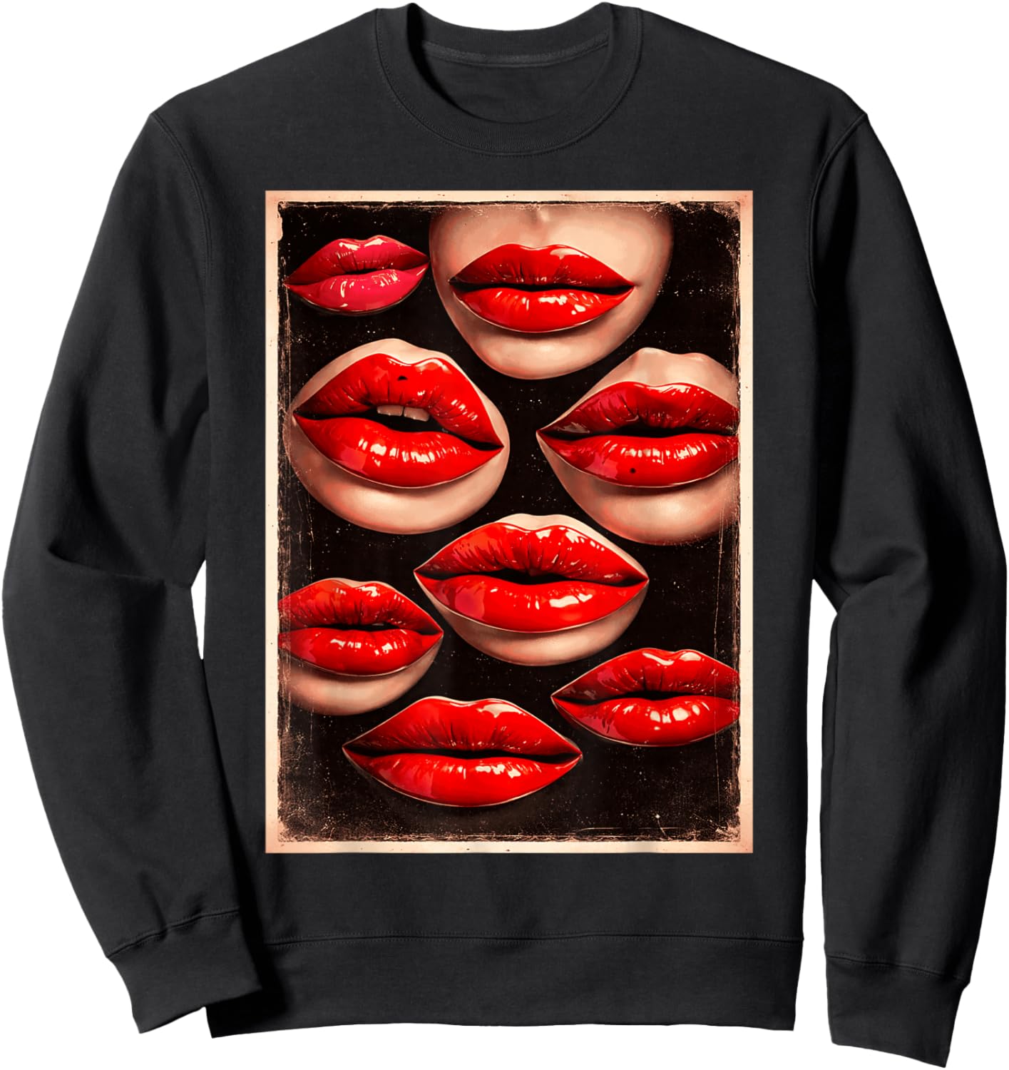 Kissing Red Lipstick Lips Happy Valentines Women Girls Sweatshirt - Sweatshirt | Black