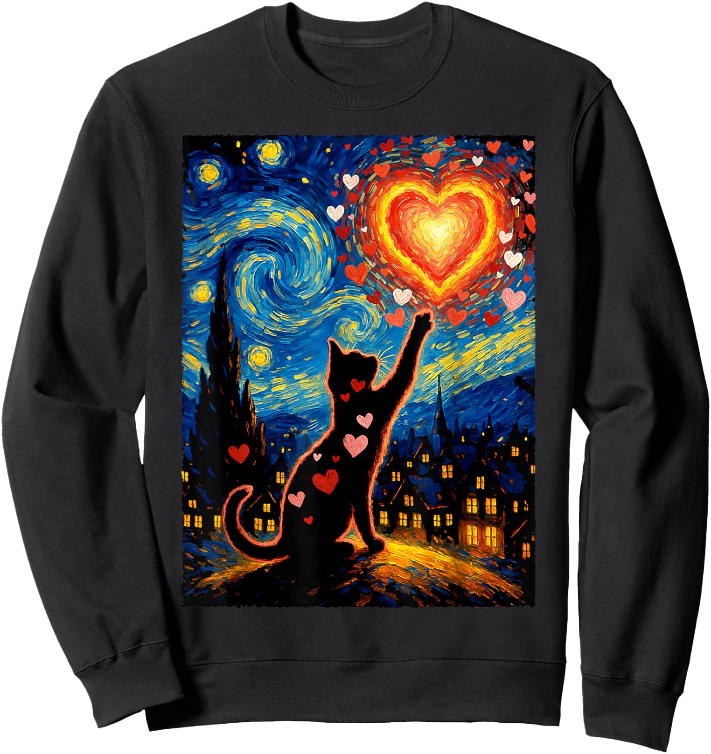 Romantic Cat Van Gogh Starry Night Valentine Art Lovers Sweatshirt - Sweatshirt | Black
