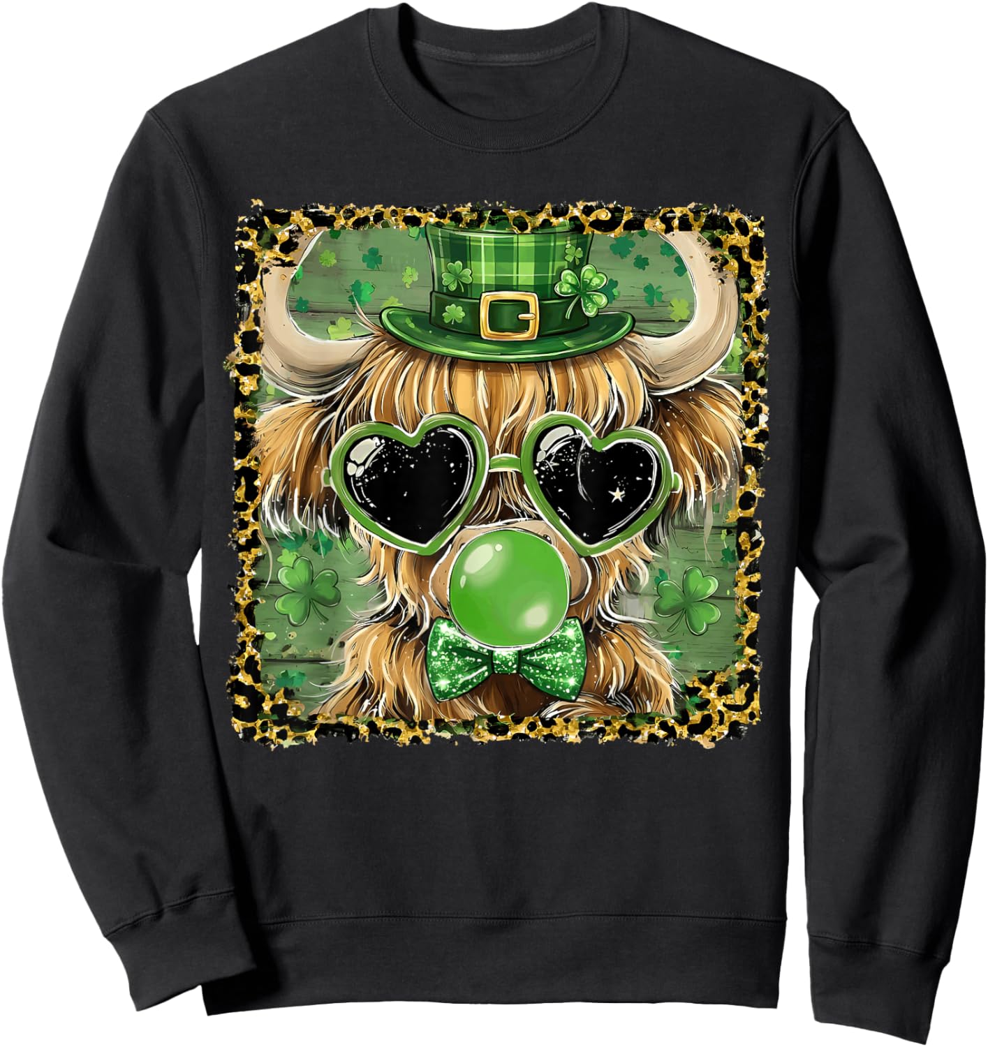 Leopard Lucky Highland Cow Heart Glasses St Patricks Day Sweatshirt - Sweatshirt | Black