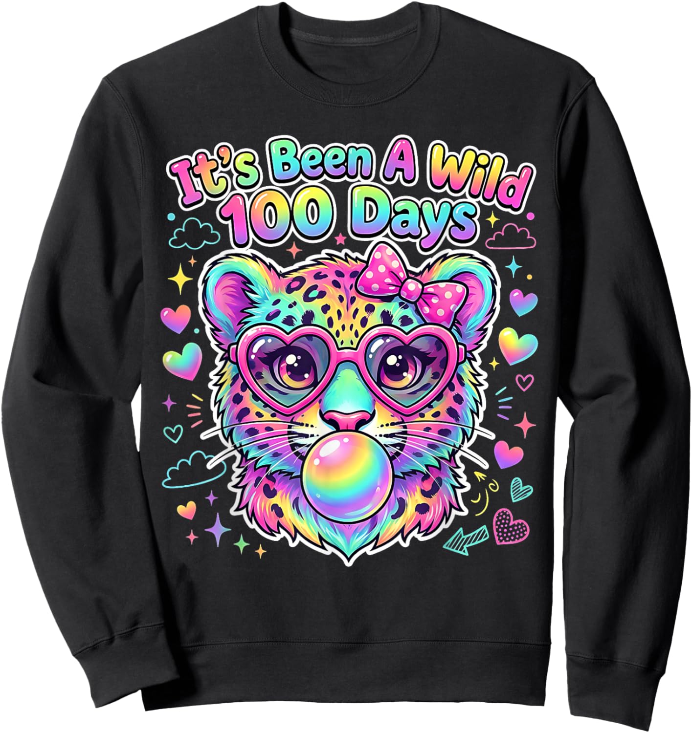 100th Day of School Leopard Bubble Gum Glasses Students Kids Sweatshirt - Sweatshirt | Black