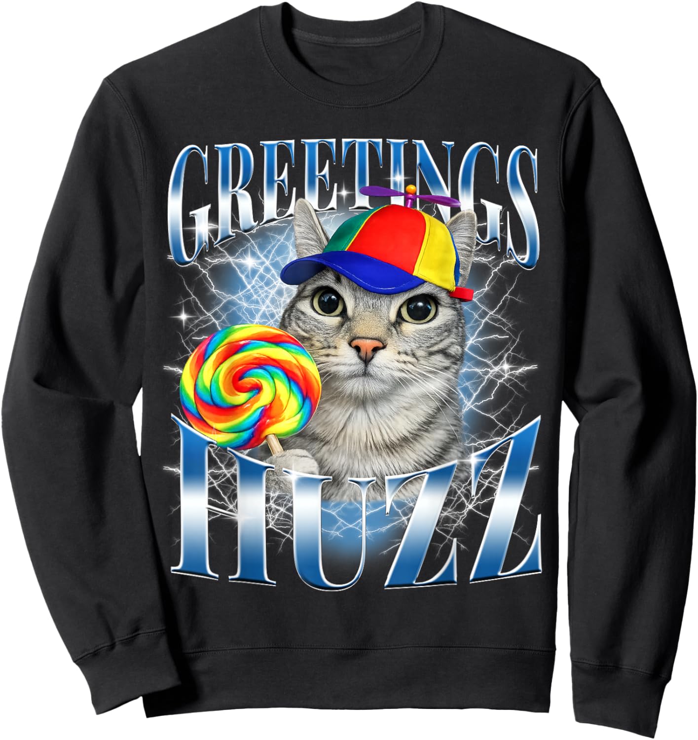 Greetings Huzz Funny Cat Meme Design Gifts Women Kid Sweatshirt - Sweatshirt | Black