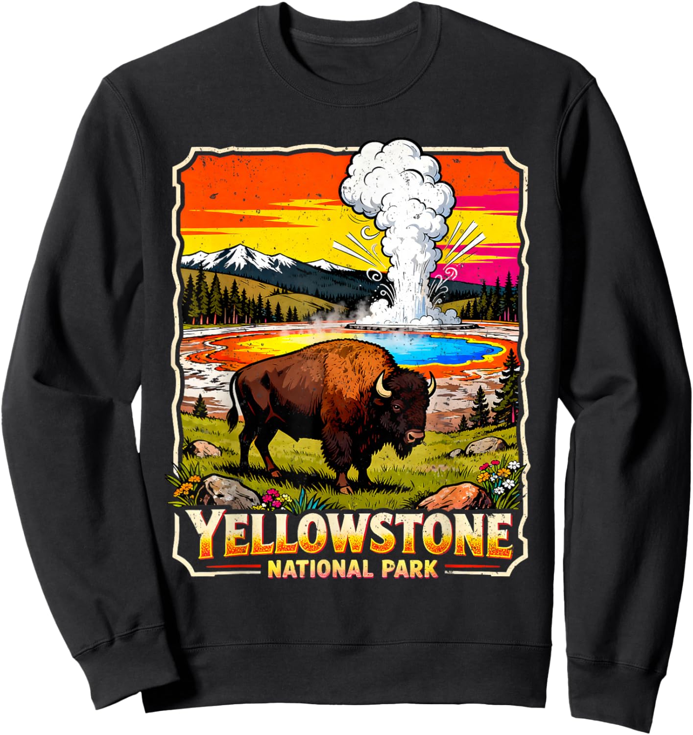 Yellowstone National Park 2026 Retro Travel Art Sweatshirt - Sweatshirt | Black