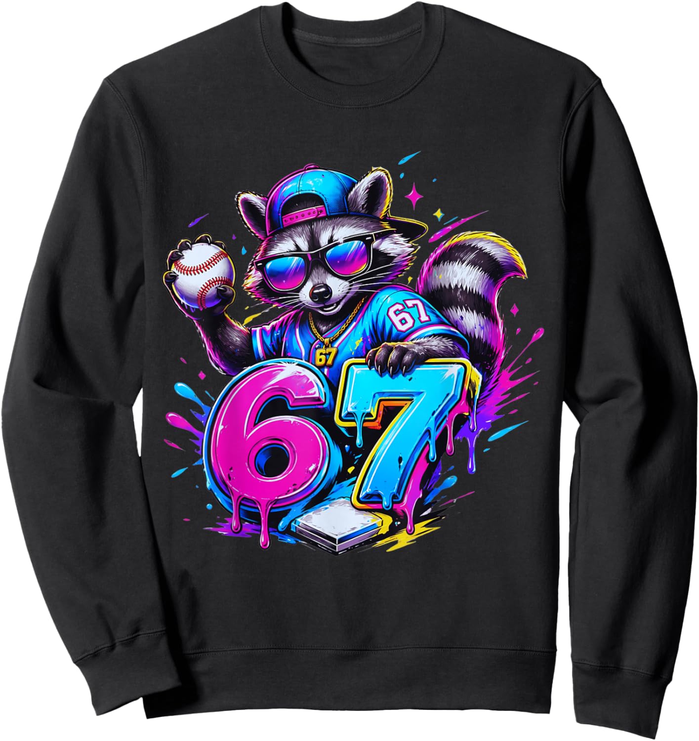 67 Funny Dabbing Raccoon Baseball Dripping Ice Cream Meme Sweatshirt - Sweatshirt | Black