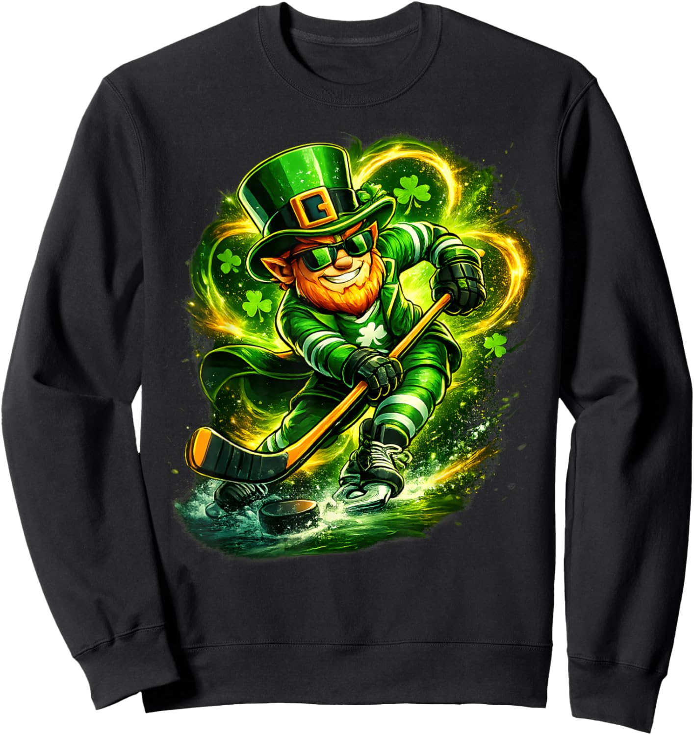 St Patricks Day Leprechaun Playing Hockey Sport Men Boys Sweatshirt - Sweatshirt | Black