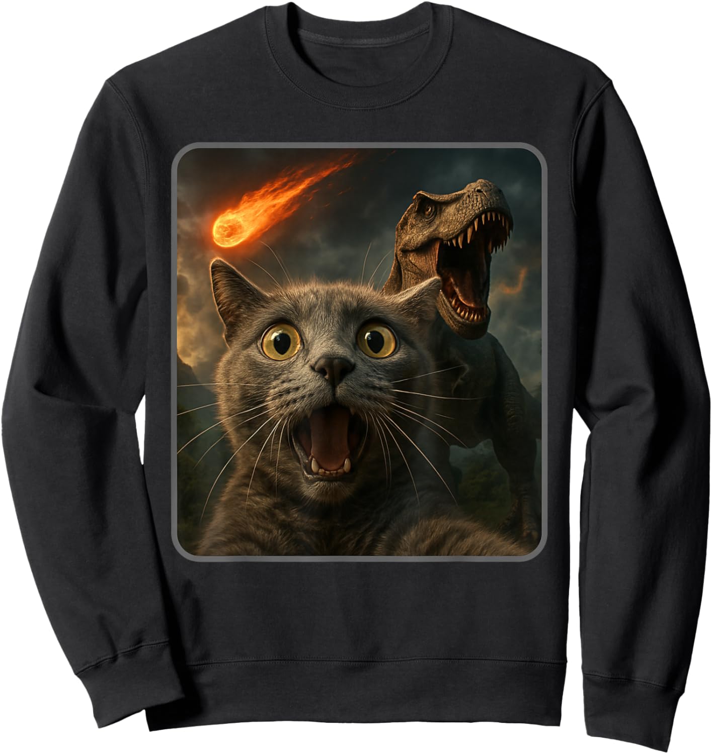 Cat Selfie with a T-Rex Funny Dinosaur Meme Sweatshirt - Sweatshirt | Black
