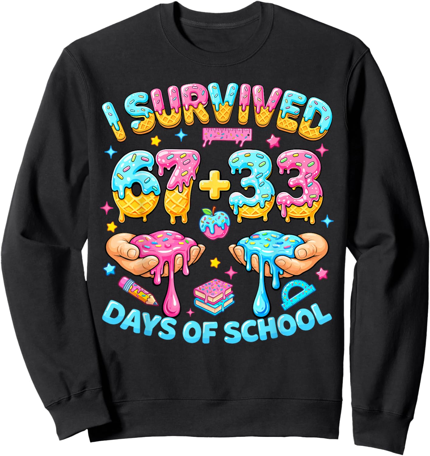 I Survived 67+33 Days of School 100 Days Teachers Kids Boys Sweatshirt - Sweatshirt | Black