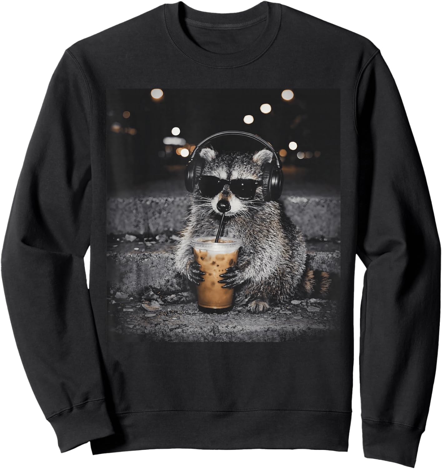Raccoon Drinking Iced Coffee Funny Animal Meme Men Women Sweatshirt - Sweatshirt | Black
