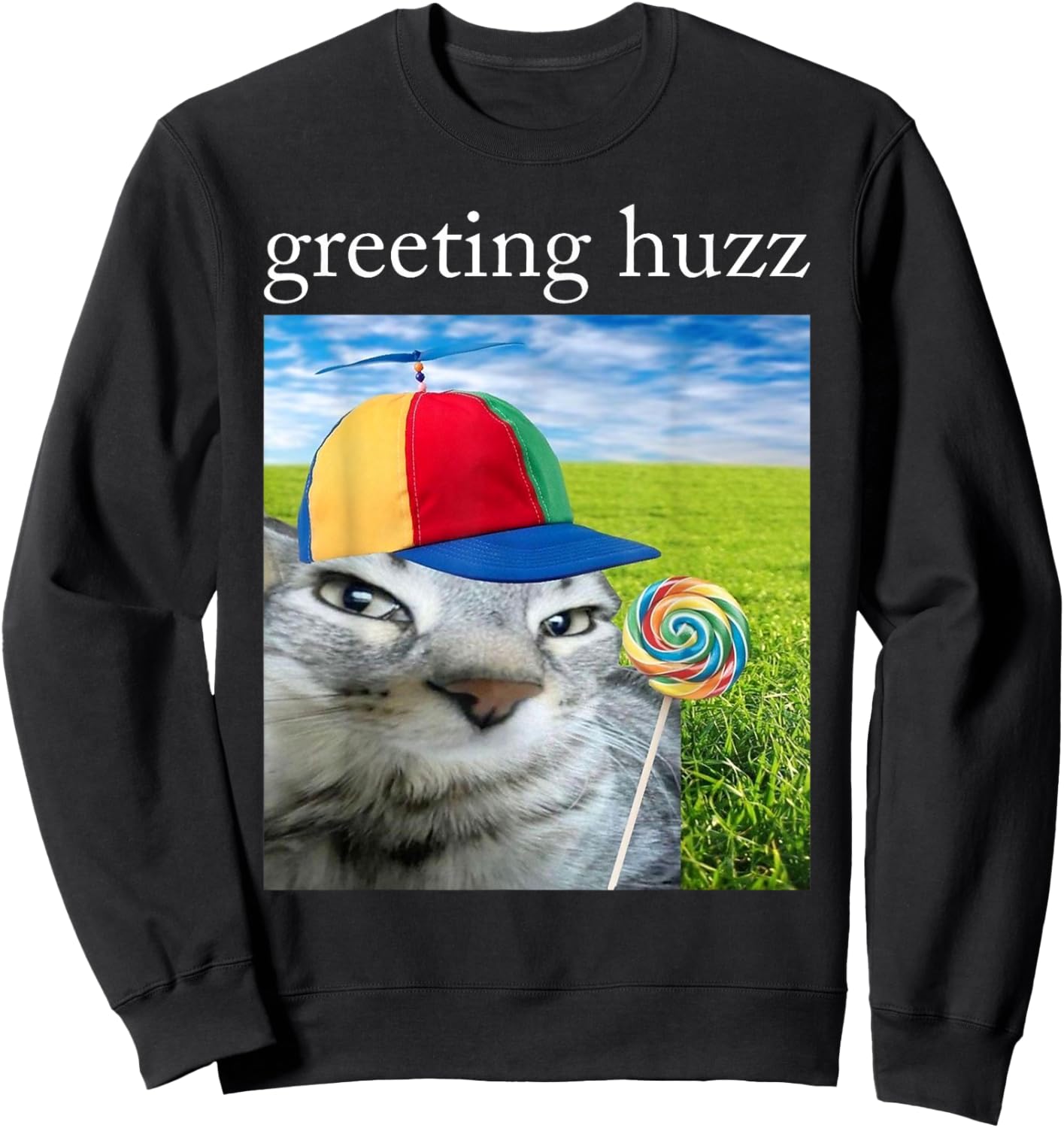 Greetings Huzz Funny Silly Cat with Lollipop Gen Z Meme Sweatshirt - Sweatshirt | Black