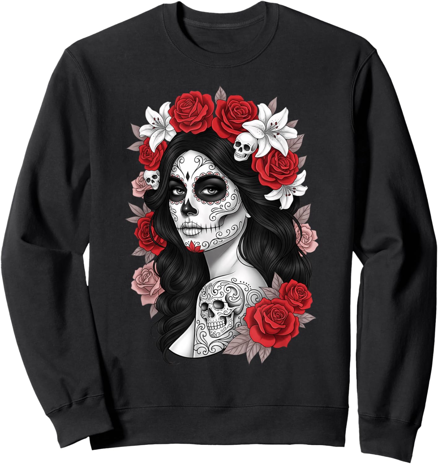 Sugar Skull Woman Floral Crown Latino Calaca Sweatshirt - Sweatshirt | Black