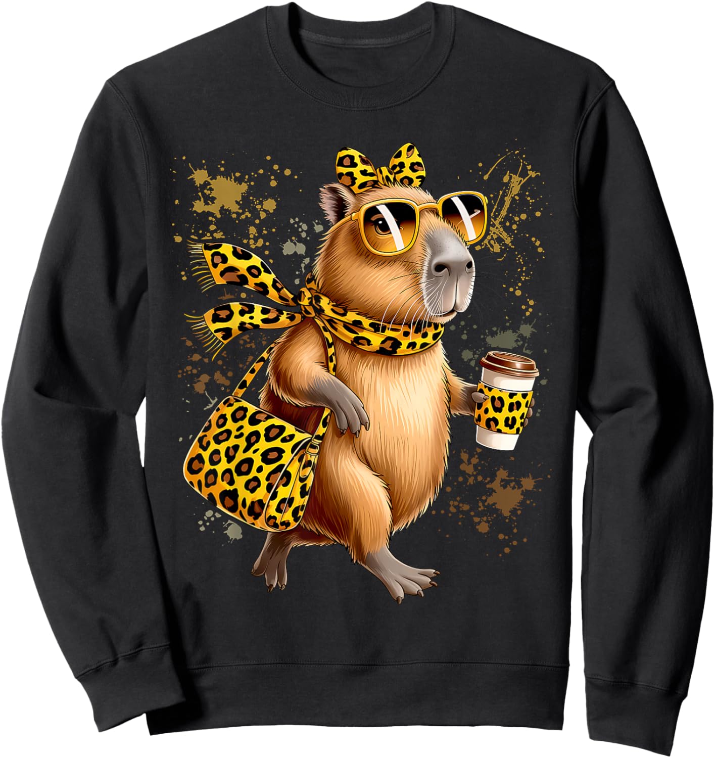 Fashion Funny Leopard Capybara Coffee Cute Women Girls Sweatshirt - Sweatshirt | Black