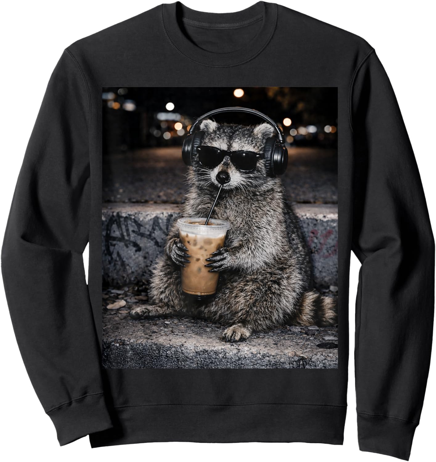 Raccoon Drinking Iced Coffee Funny Animal Meme Sweatshirt - Sweatshirt | Black