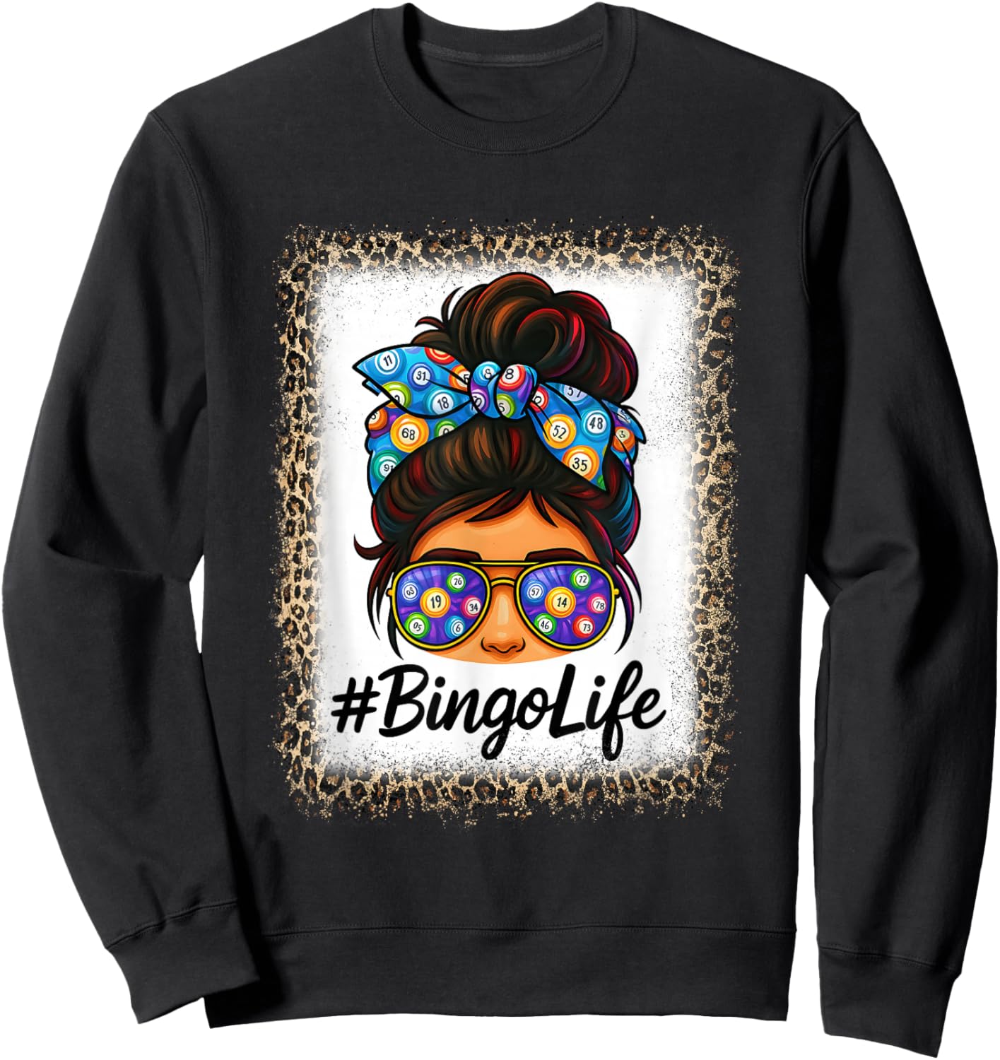 Bingo Life Messy Bun Women Bingo Lover Grandma Leopard Print Sweatshirt - Sweatshirt | Black