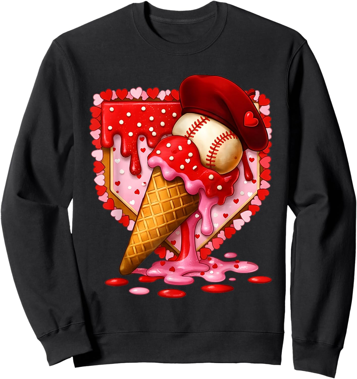 Baseball Heart Valentine Baseball Ice Cream Drip Boys Girls Sweatshirt - Sweatshirt | Black