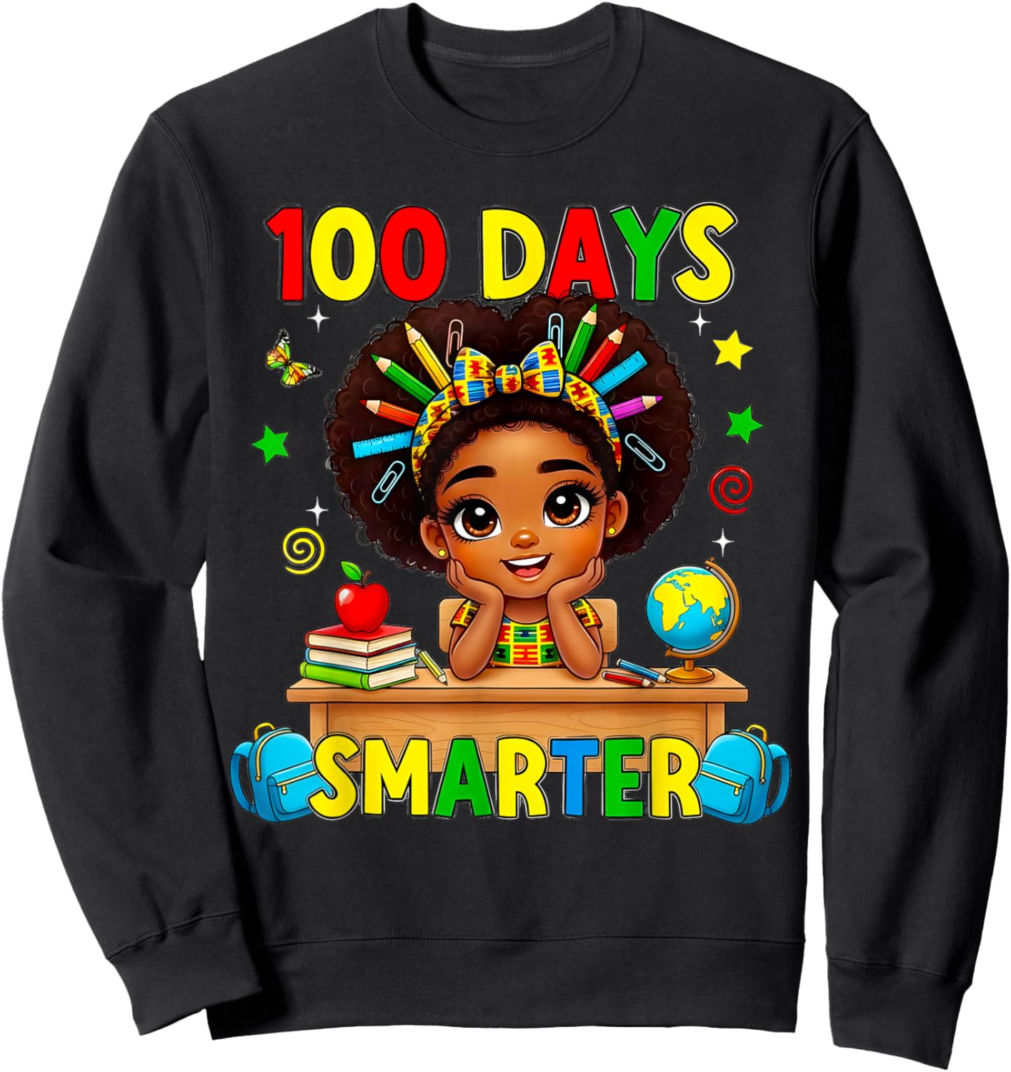100 Days of School Afro Girl 100th Day Teacher Messy Bun Sweatshirt - Sweatshirt | Black
