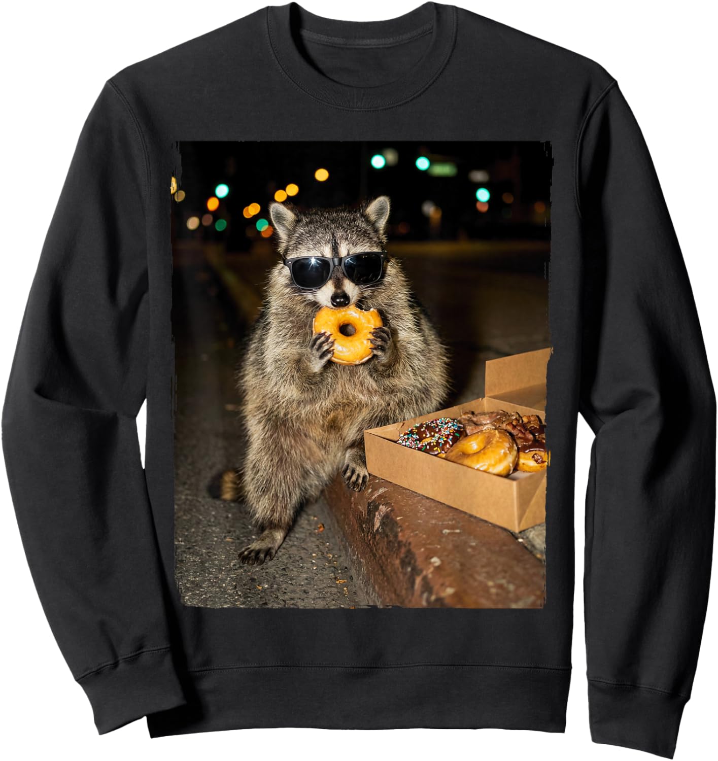 Funny Raccoon Eating Donuts Men Women Meme Sweatshirt - Sweatshirt | Black
