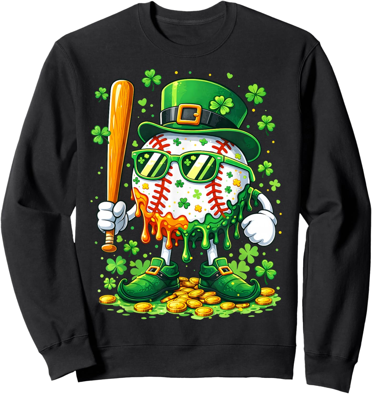 Drip Baseball St Patricks Day Kids Leprechaun Shamrock Sweatshirt - Sweatshirt | Black
