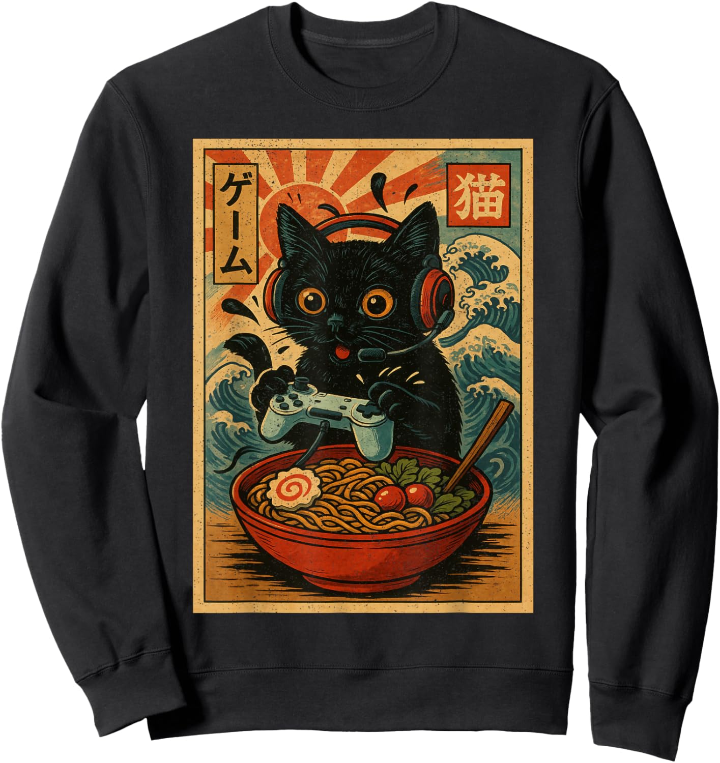 Cute Kawaii Gamer Cat Funny Ramen Retro Japanese Cat Gaming Sweatshirt - Sweatshirt | Black