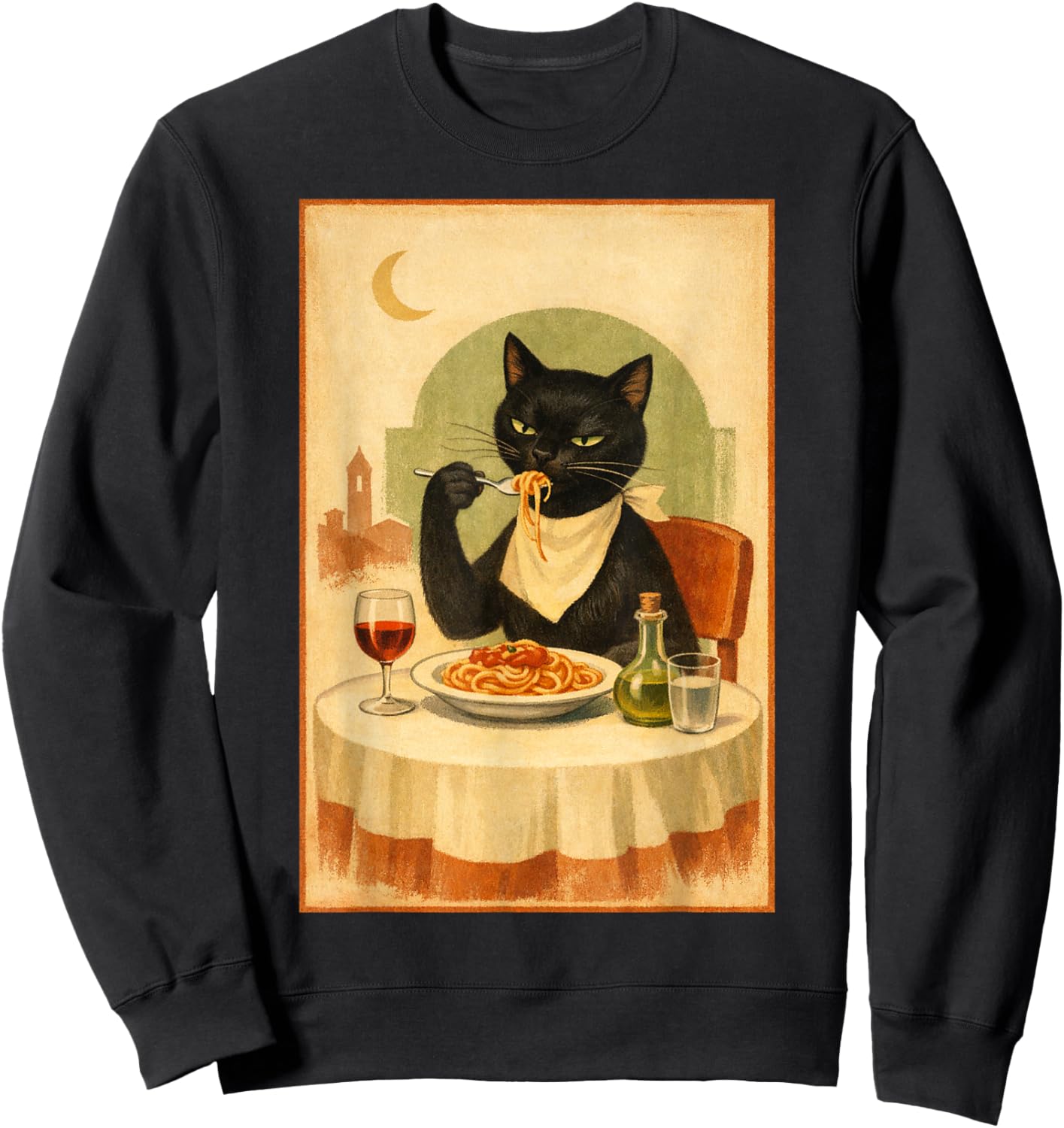 Black Cat Eating Spaghetti Illustration Sweatshirt - Sweatshirt | Black