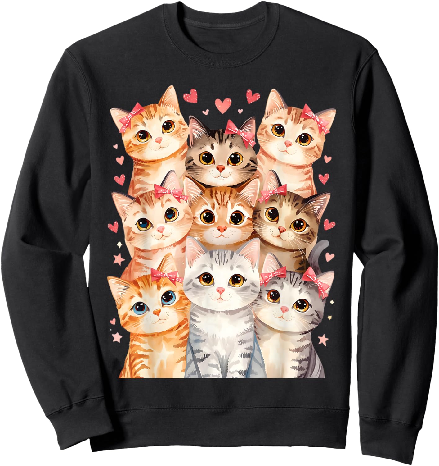 Cat Loving Girls Nine Cats with Pink Bows and Love Heart Sweatshirt - Sweatshirt | Black