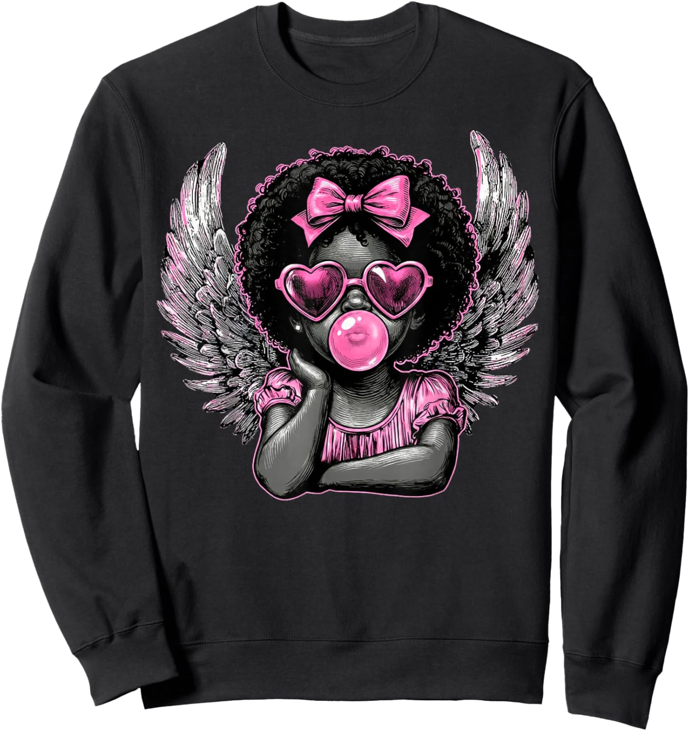 Afro Cupid with Sunglasses Blowing Bubble Gum Valentine Sweatshirt - Sweatshirt | Black