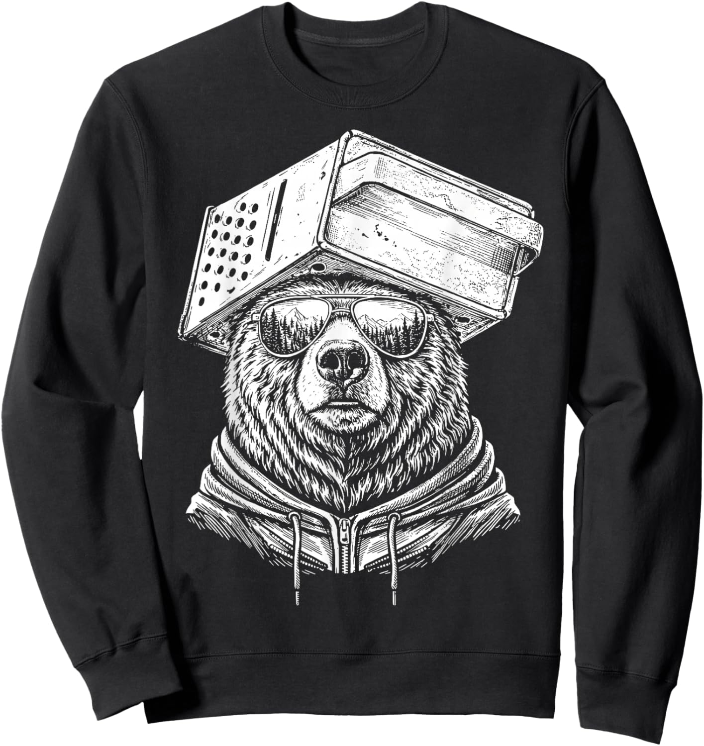 Retro Bear Wearing Cheese Grater Hat with Sunglasses Funny Sweatshirt - Sweatshirt | Black