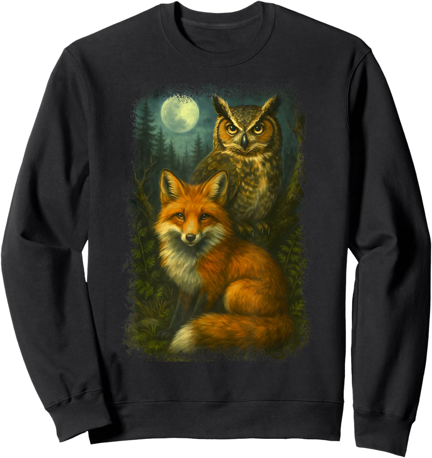 Vintage Owl and Fox 90s Graphic | Retro Hunter Wildlife Sweatshirt - Sweatshirt | Black