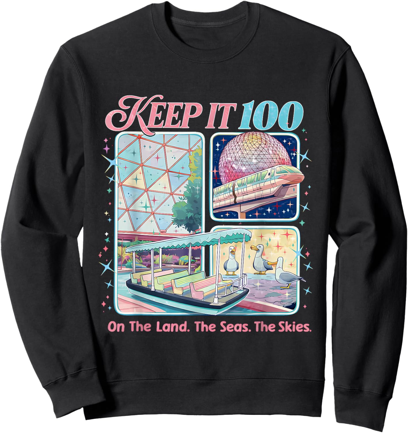 Keep It 100 Retro Travel Aesthetic Land Sea Sky Sweatshirt - Sweatshirt | Black
