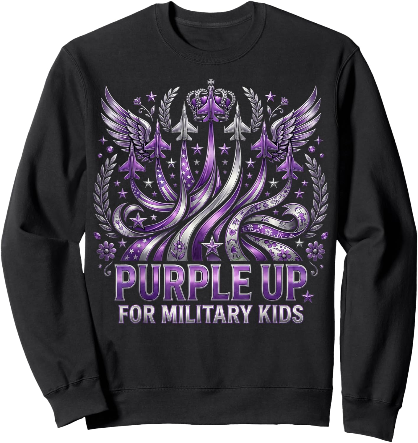 Military Child Month USA Flag Purple Up for Military Kids Sweatshirt - Sweatshirt | Black