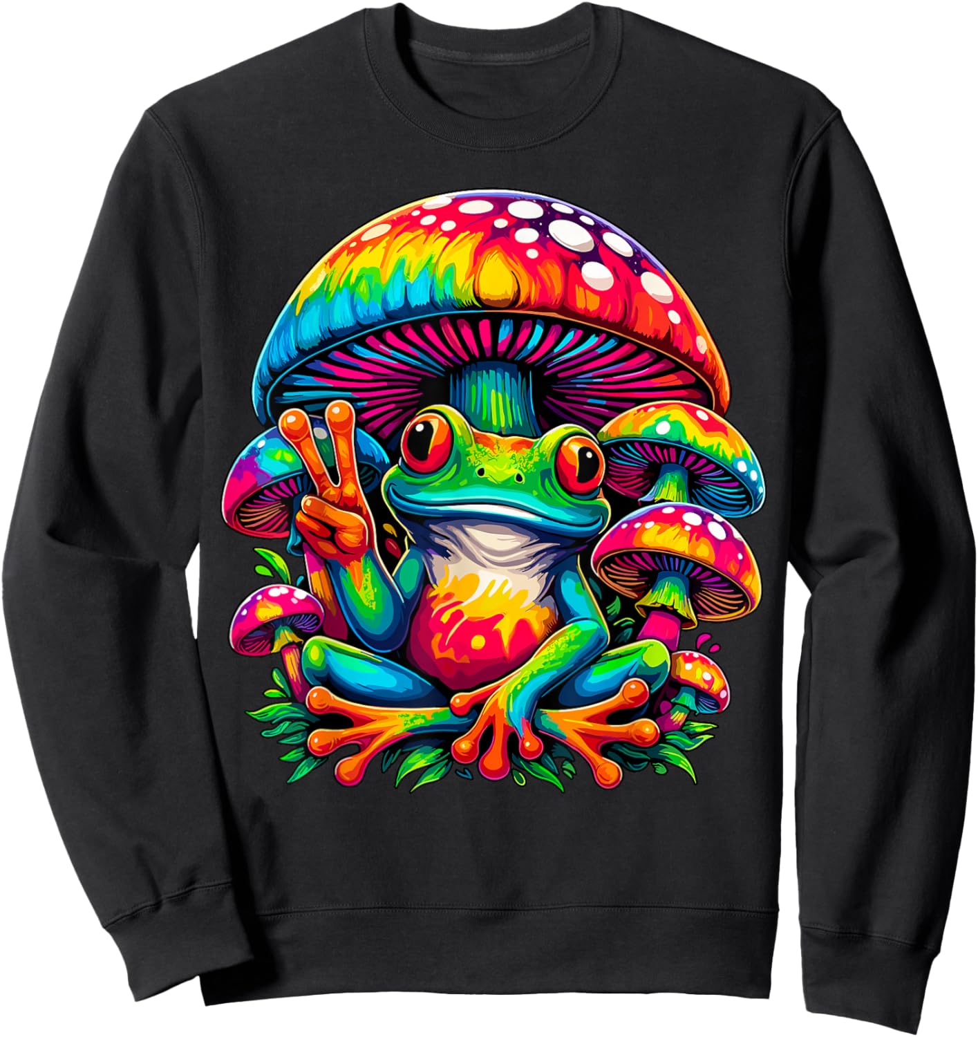 Tie-Dye Frog Peace Sign Mushroom Hippie Sweatshirt - Sweatshirt | Black