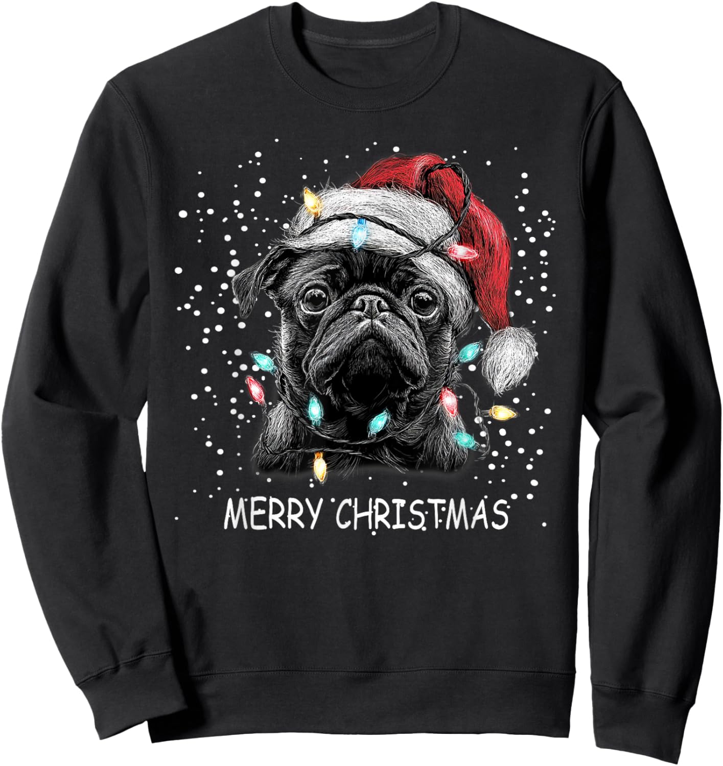 Pug Dog Christmas Lights Pajama Xmas Pet Lover Sweatshirt - Sweatshirt | Black
