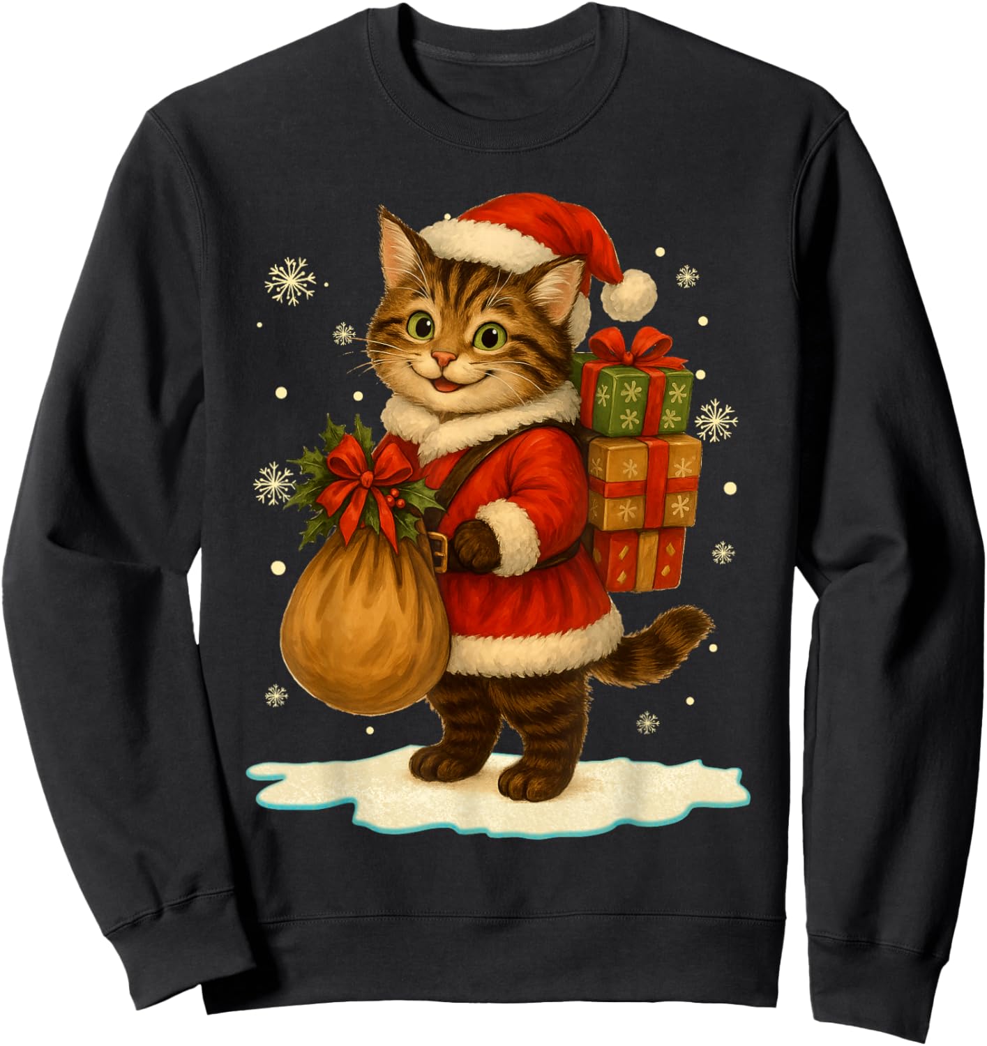Cat Christmas Santa Hat Vintage Cat Lover Holiday Women Kids Sweatshirt - Sweatshirt | Black