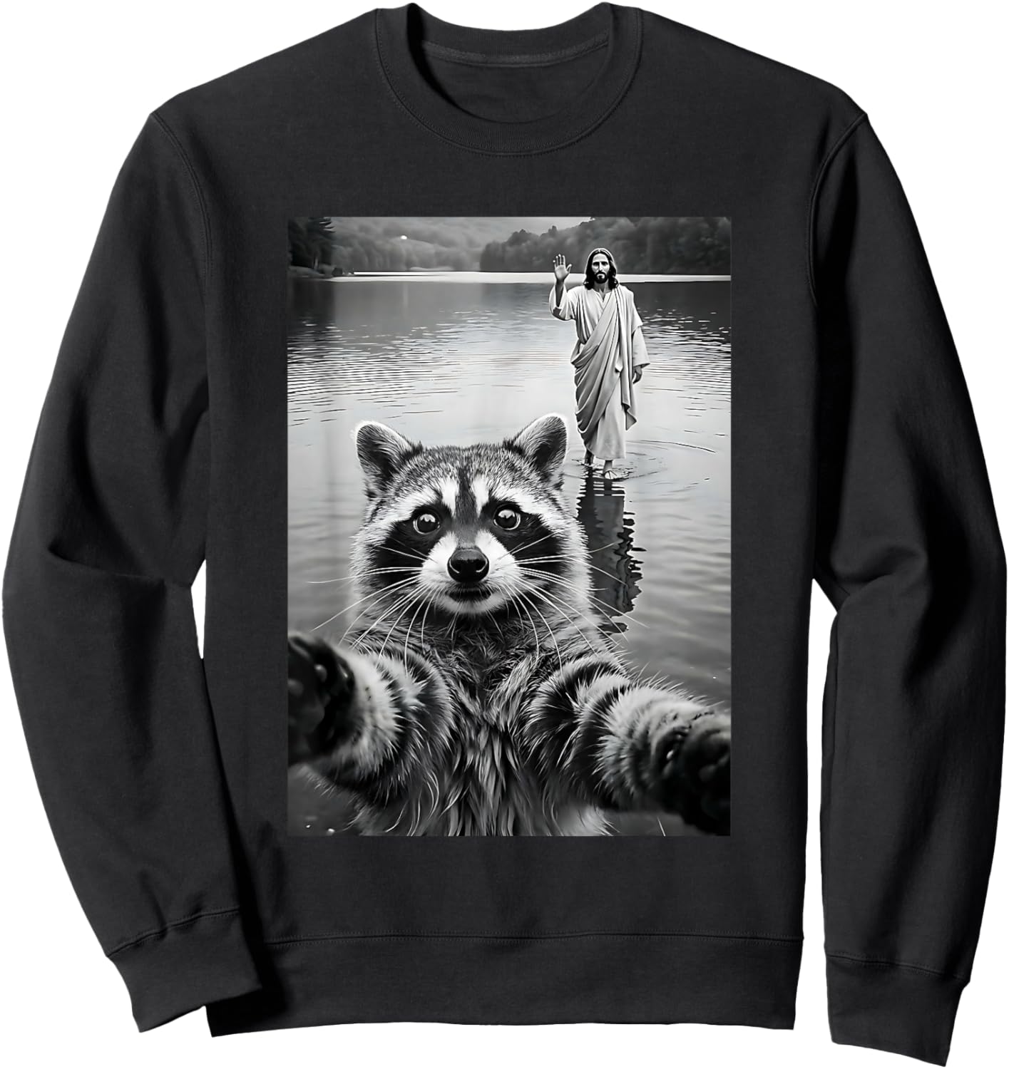 Funny Raccoon & Jesus Selfie, Easter, Religious, Christian Sweatshirt - Sweatshirt | Black