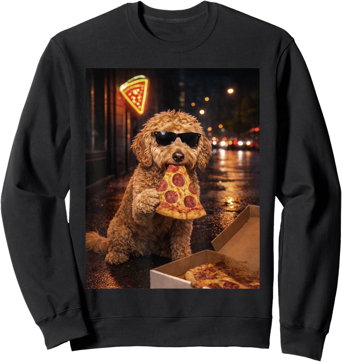 Dog Eating Pizza Funny Goldendoodle Meme Sweatshirt - Sweatshirt | Black