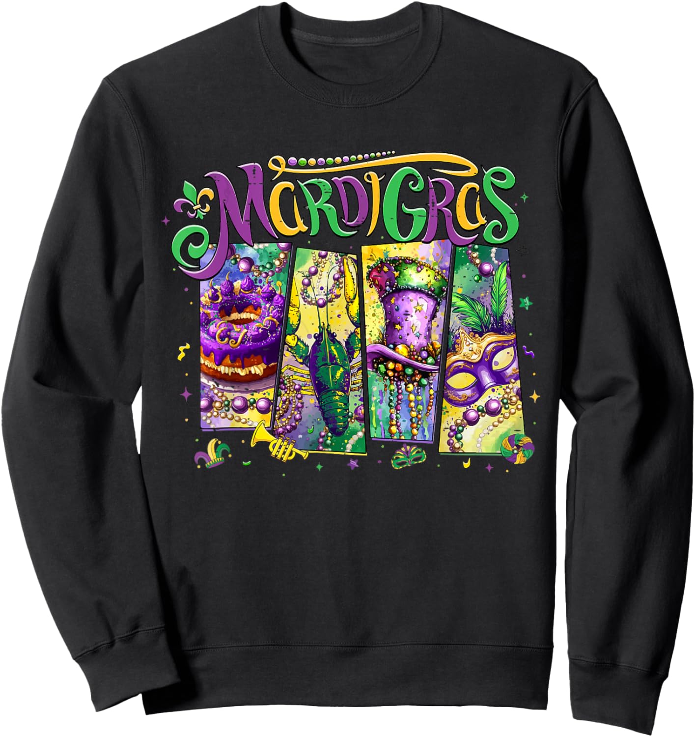 Funny Mardi Gras Vibes Fleur De Lis King Cake Crawfish Mask Sweatshirt - Sweatshirt | Black