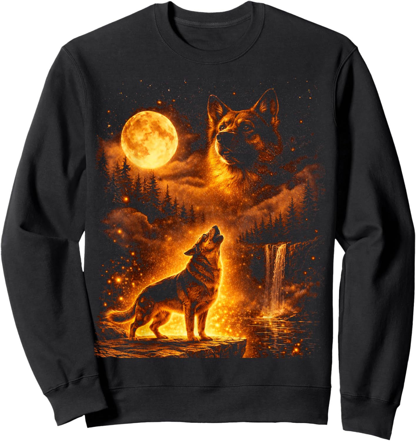 Vintage Moonlight Dog German Shepherd Howling at The Moon Sweatshirt - Sweatshirt | Black
