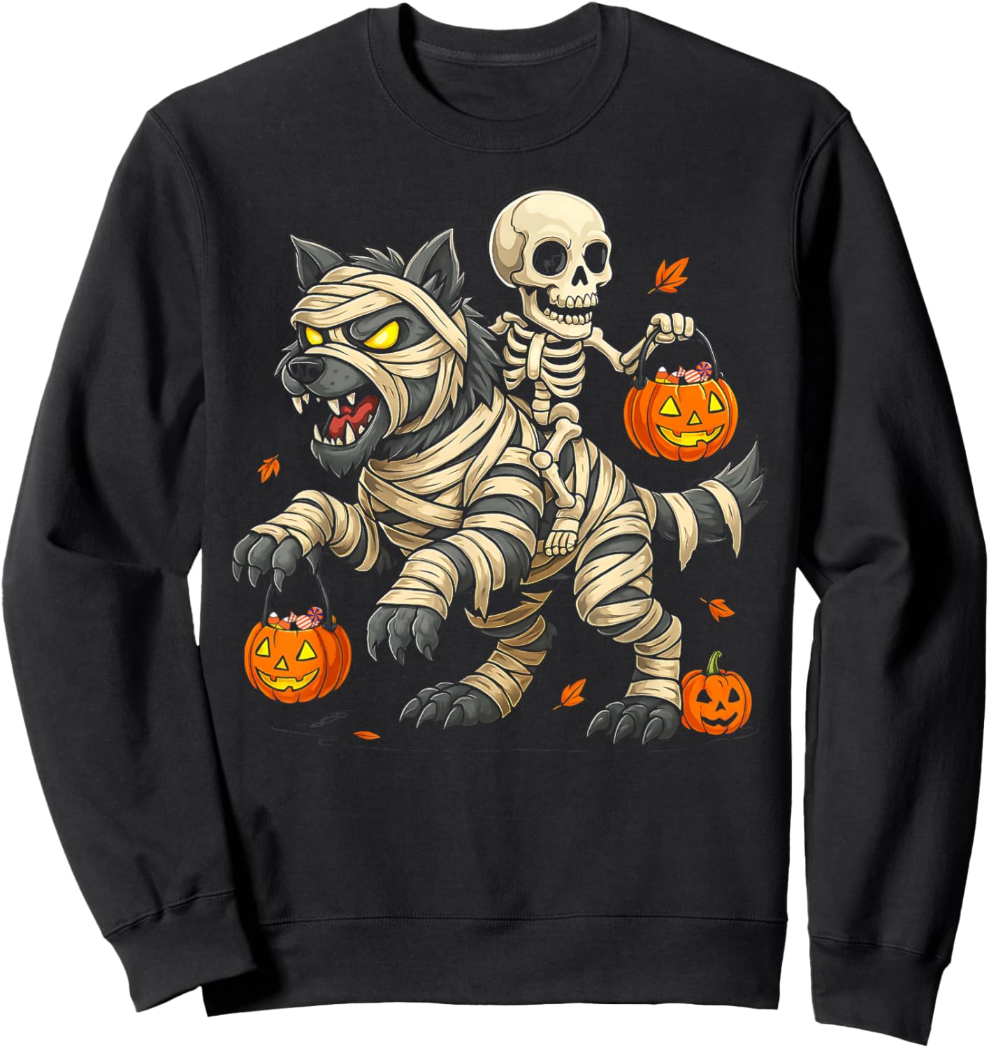 Skeleton Riding Mummy Wolf Halloween Costume Men Women Kids Sweatshirt - Sweatshirt | Black