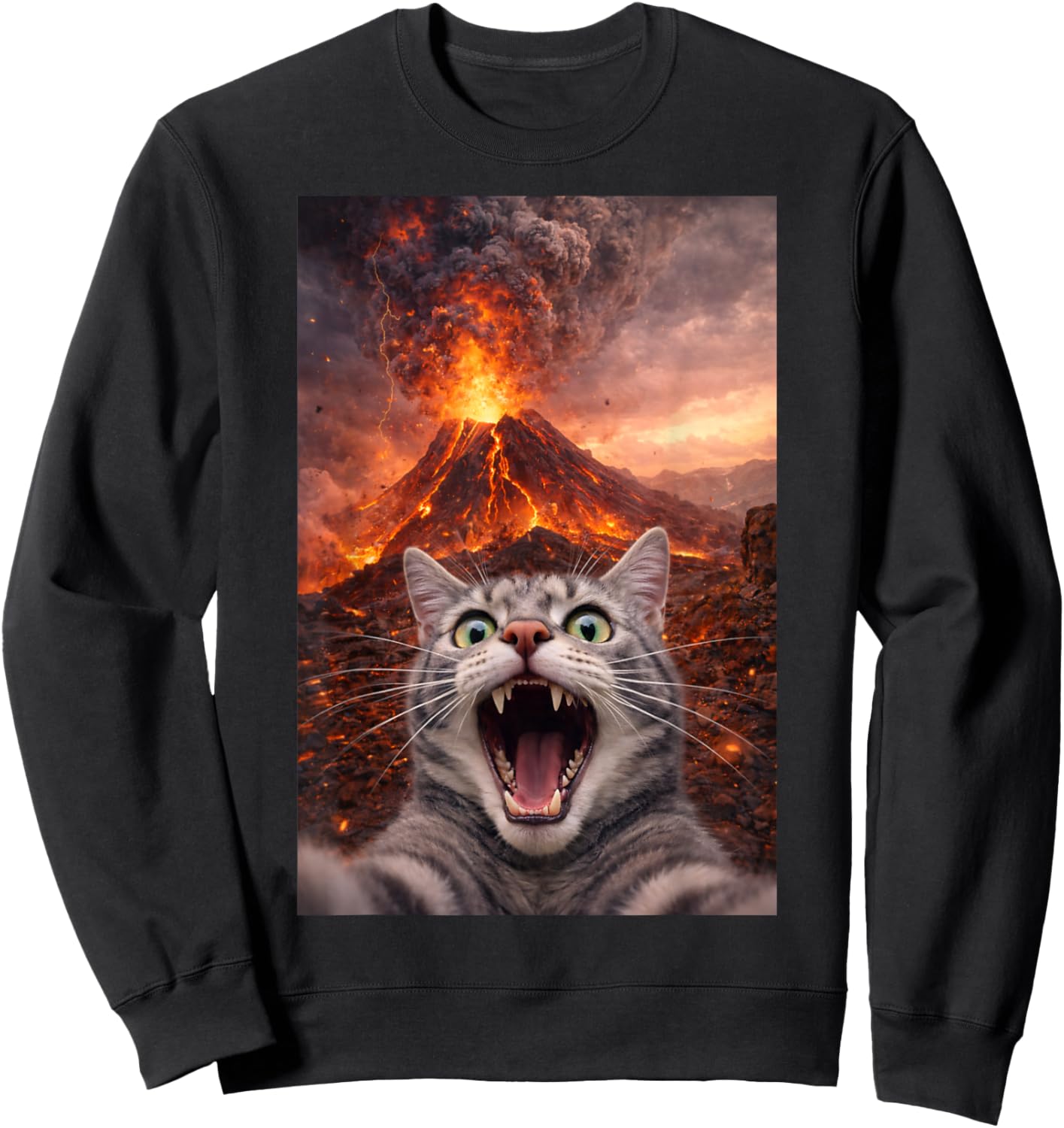 Funny Scared Cat Selfie During Volcano Eruption Sweatshirt - Sweatshirt | Black