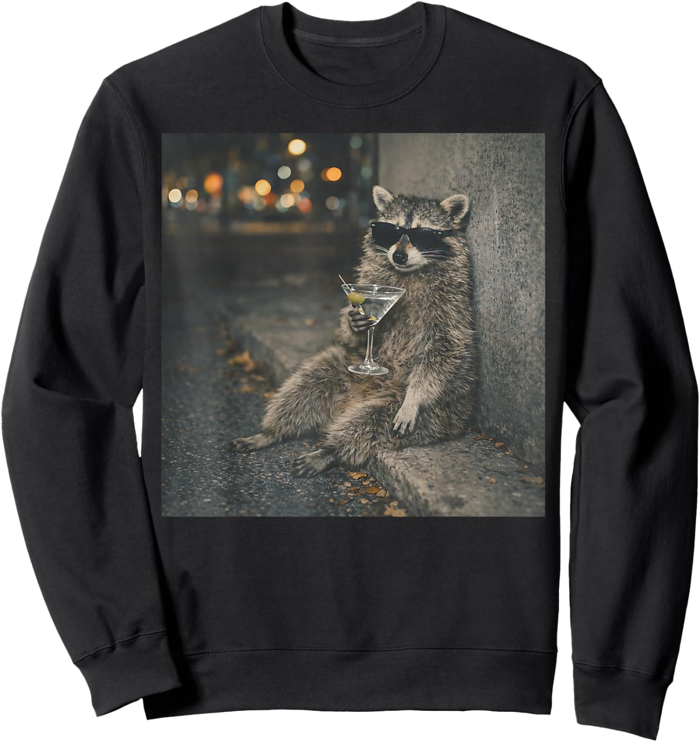 Raccoon Drinking Martini Funny Animal Meme Men Women Sweatshirt - Sweatshirt | Black