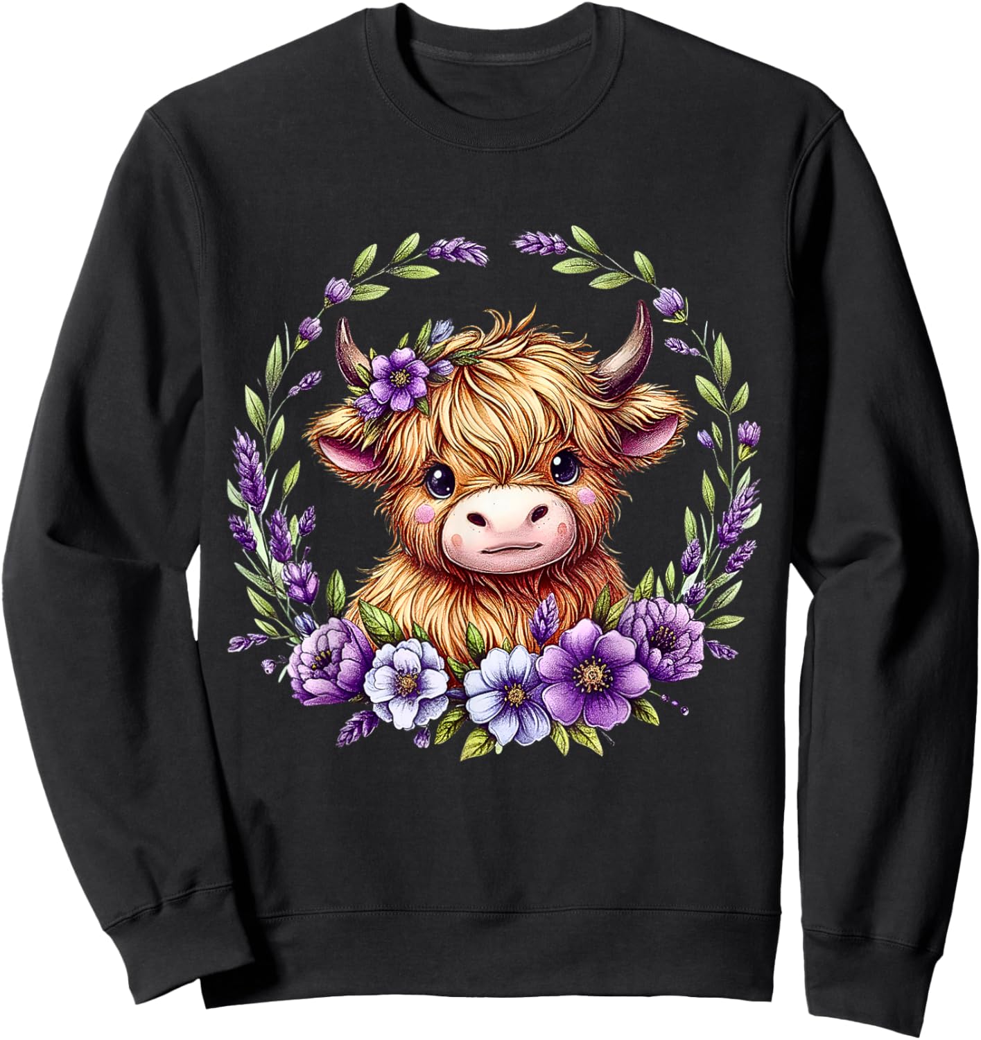 Baby Highland Cow with Purple Flowers Scottish Farm Sweatshirt - Sweatshirt | Black