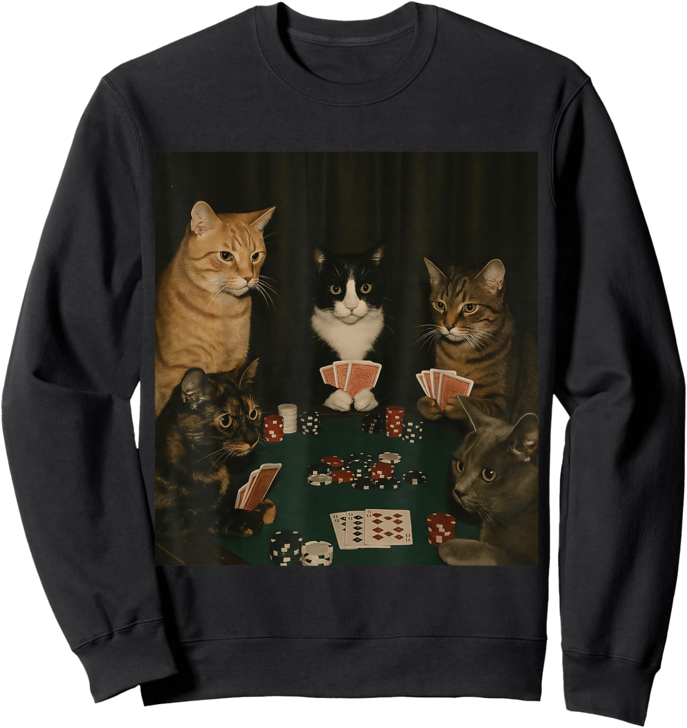 Vintage Cats Playing Poker Kitty Meme Cute Cat Lover Graphic Sweatshirt - Sweatshirt | Black
