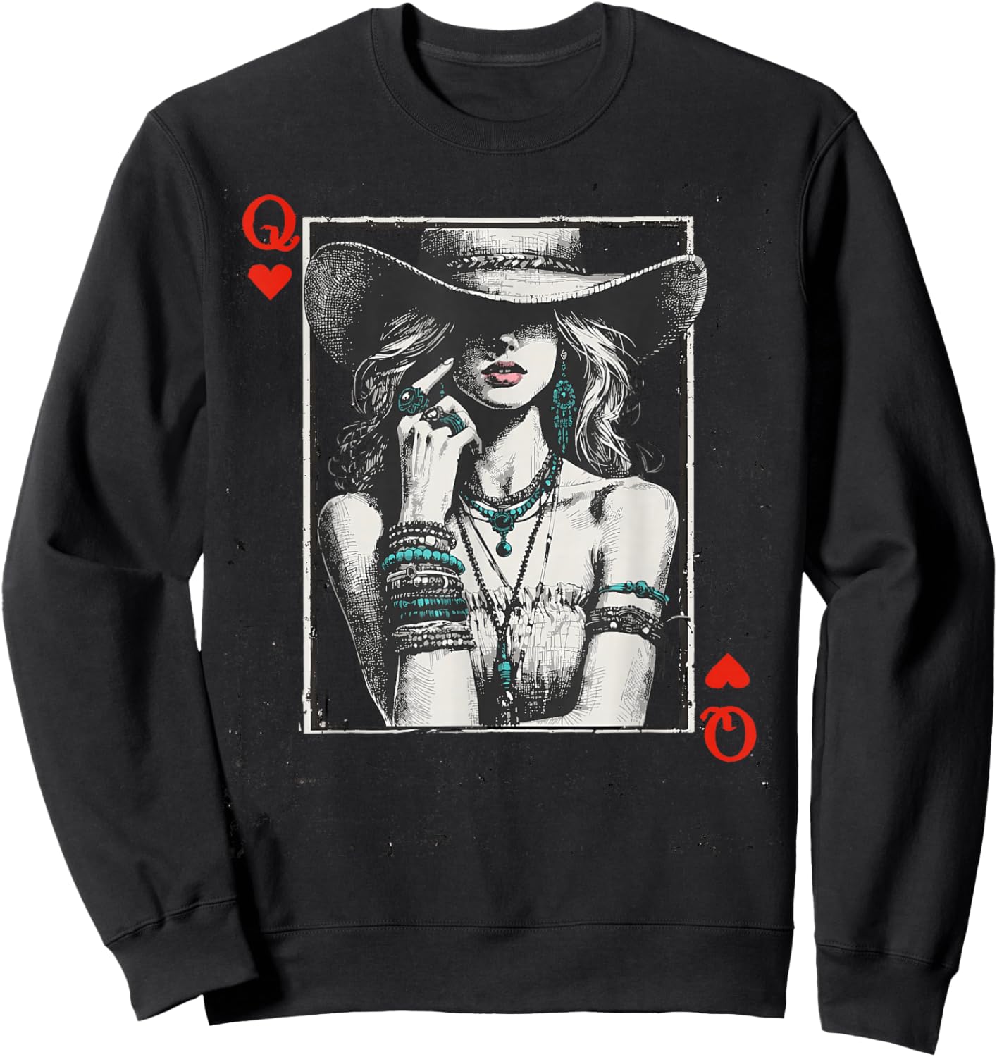 Western Cowgirl Valentine Queen of Hearts Card Vintage Style Sweatshirt - Sweatshirt | Black