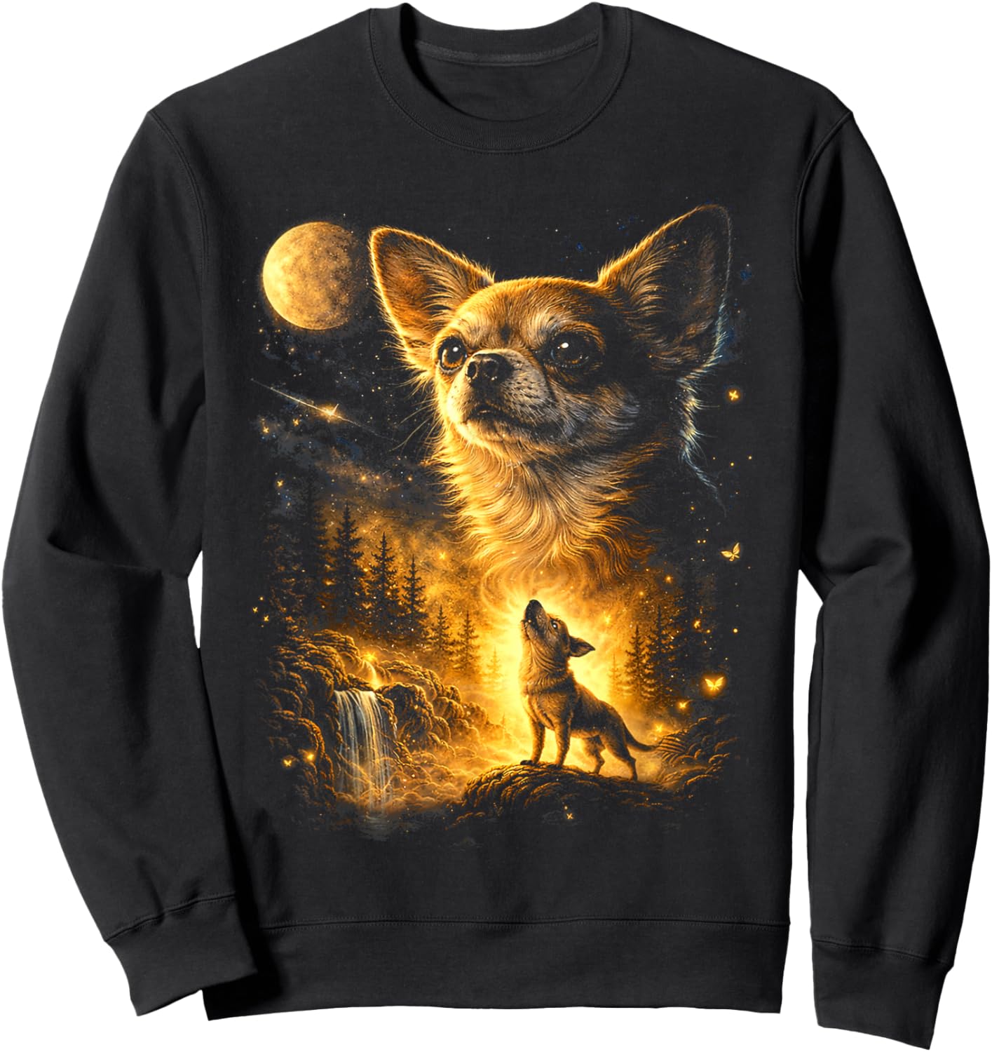Funny Chihuahua Howling at The Moon Mystical Art Sweatshirt - Sweatshirt | Black