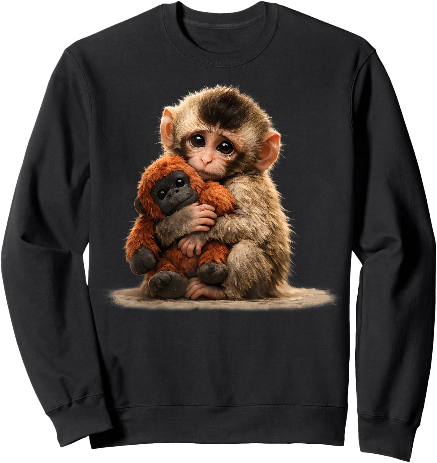 Baby Monkey Hugging Plush Cute Japanese Macaque Meme Sweatshirt - Sweatshirt | Black