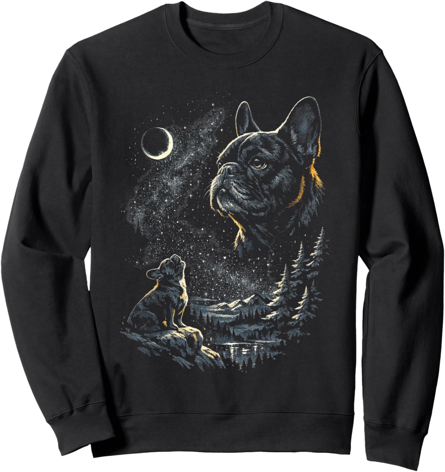 French Bulldog Howling at Moon Vintage 90s Funny Graphic Sweatshirt - Sweatshirt | Black
