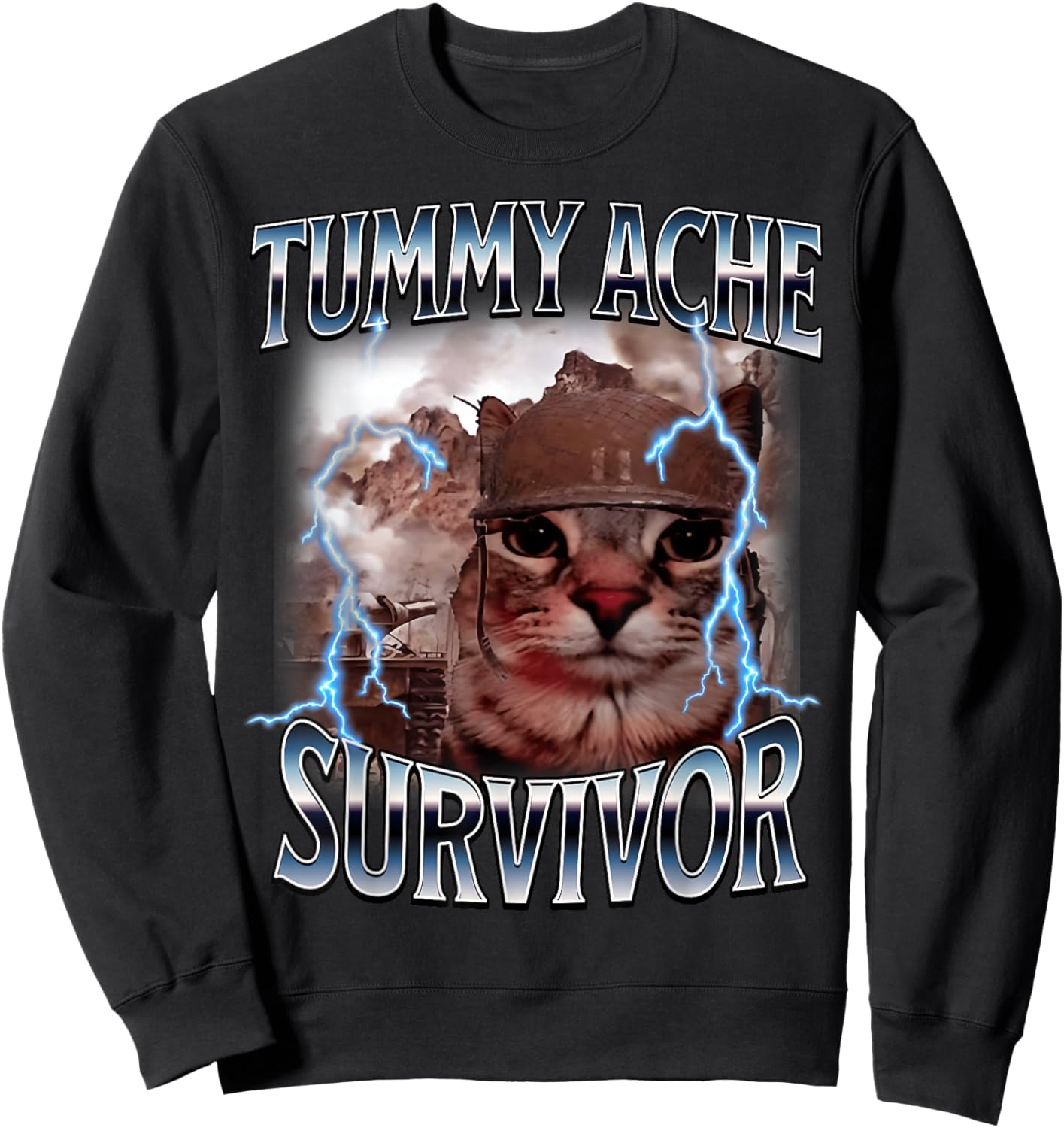 Tummy Ache Survivor Funny Cat Meme I Survived Today's Tummy Sweatshirt - Sweatshirt | Black