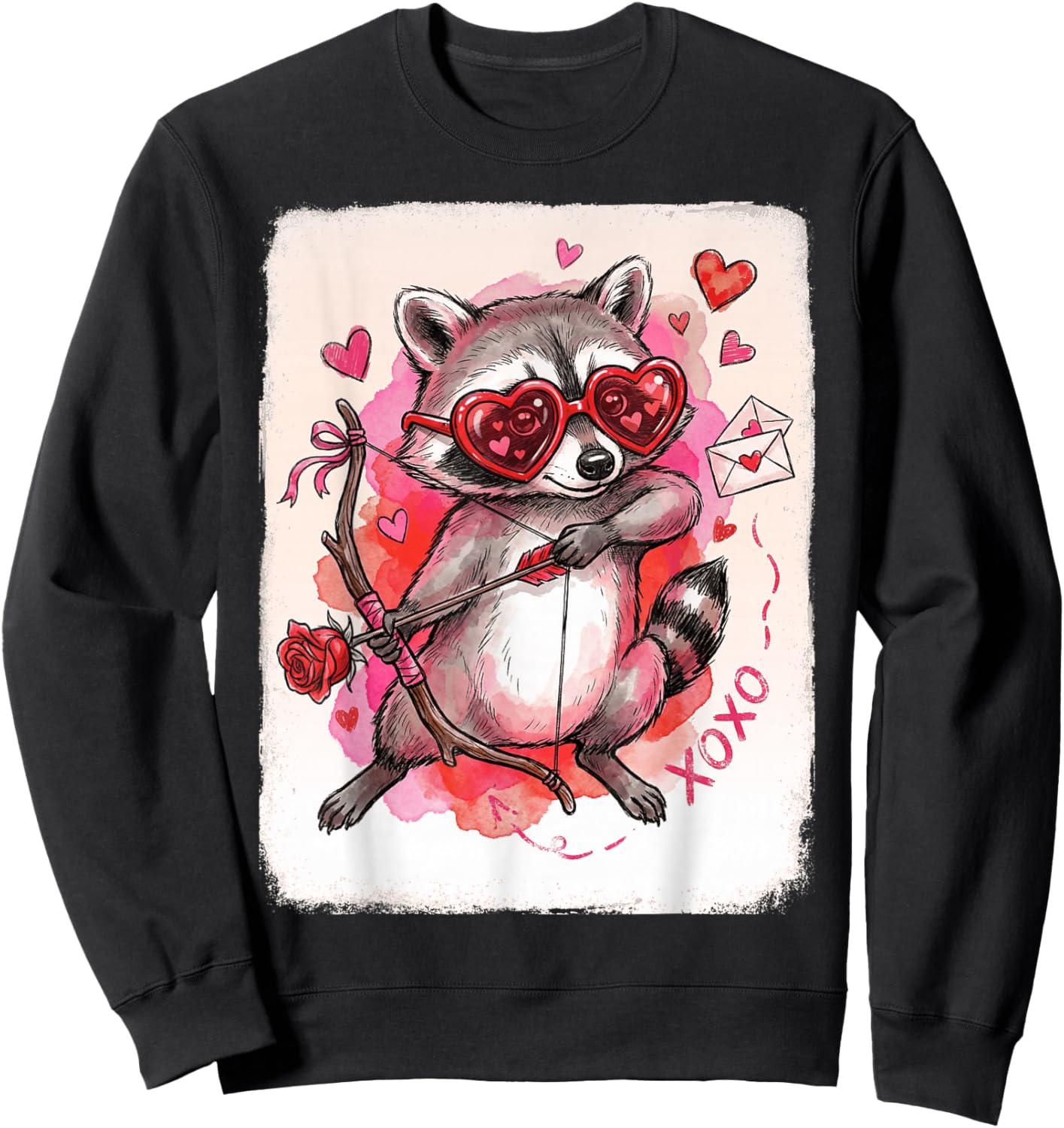 Cupid Raccoon Valentines Day Graphic Valentines Sweatshirt - Sweatshirt | Black