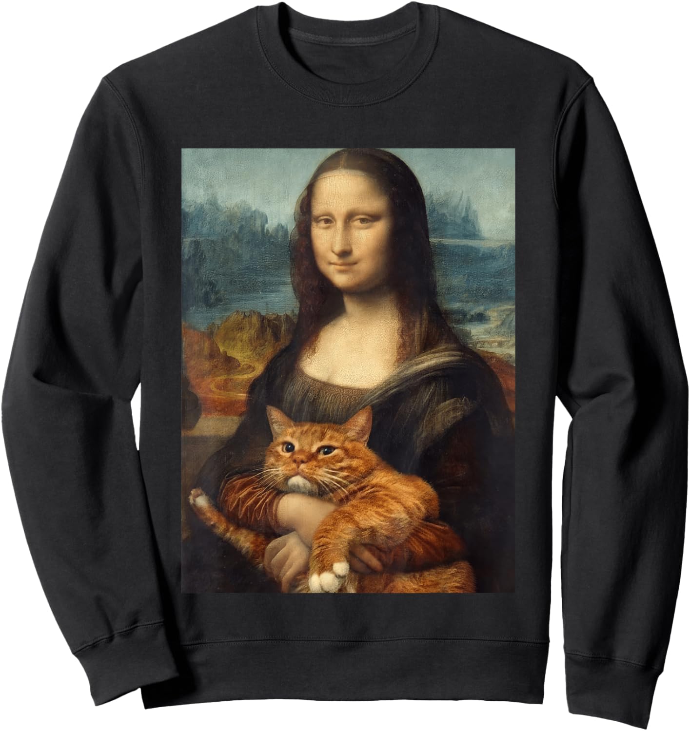 Funny Mona Lisa Holding Cat Meme Sarcastic Kitty Lover Sweatshirt - Sweatshirt | Black