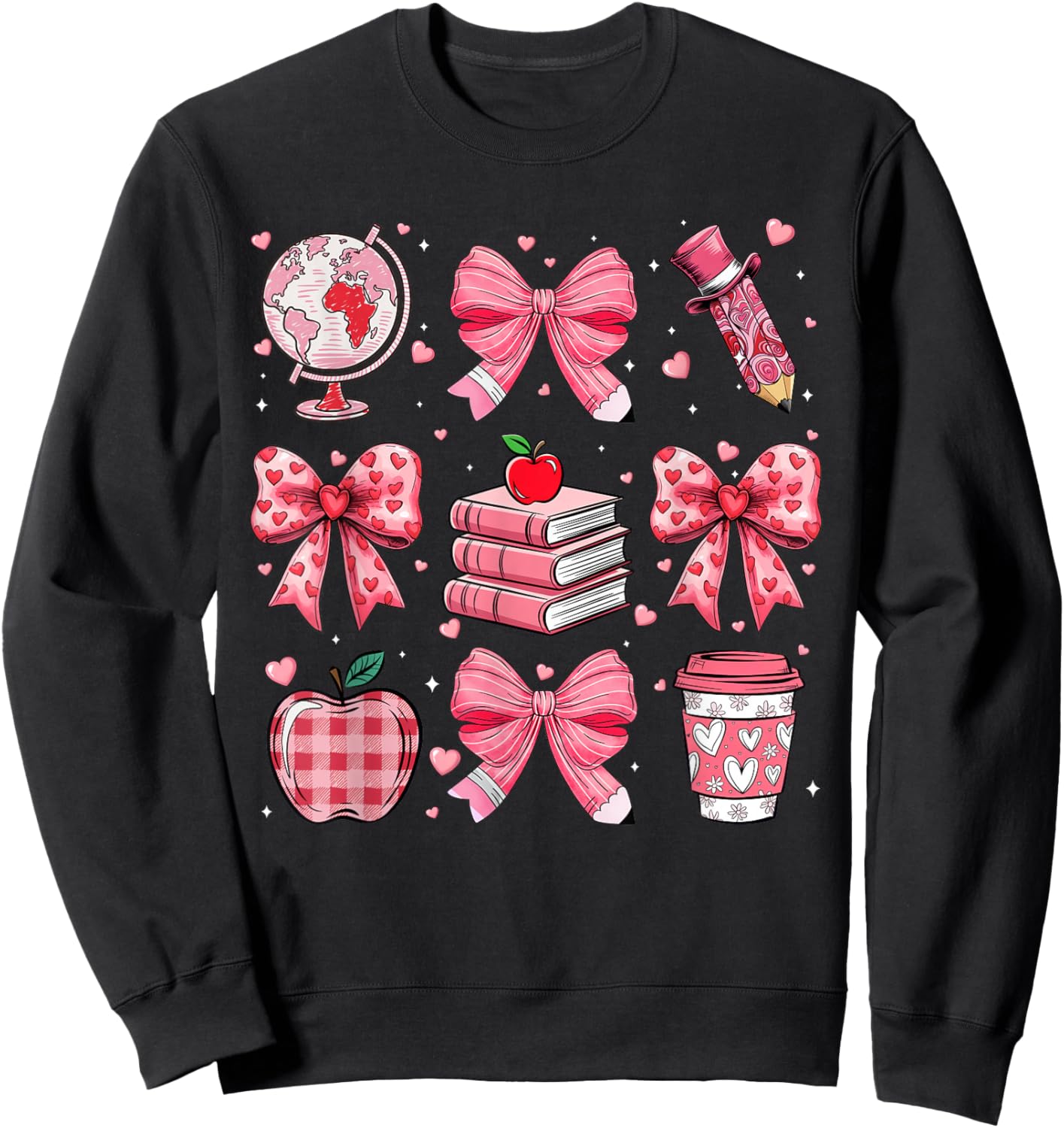 Coquette Pink Bow Apple Teacher Appreciation Valentine Day Sweatshirt - Sweatshirt | Black