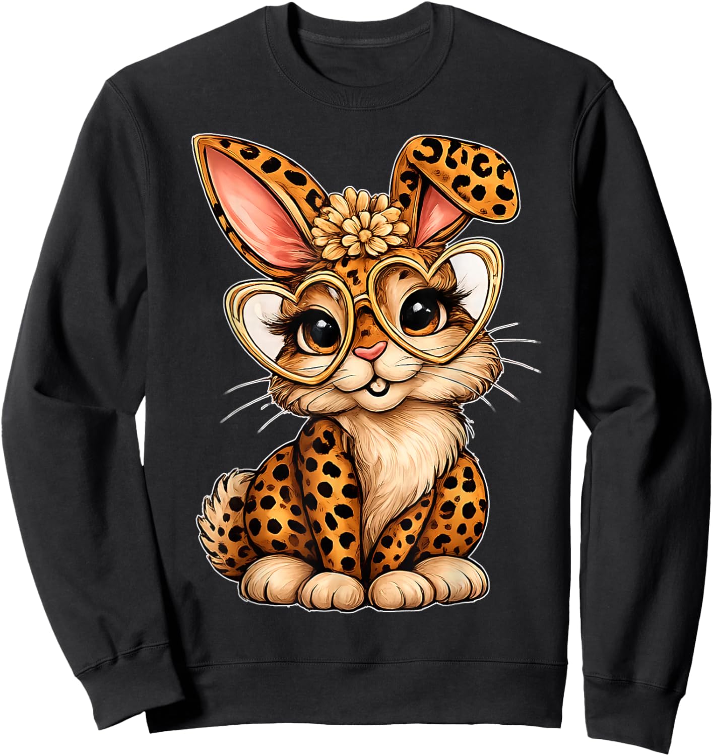 Cute Easter Leopard Bunny Heart Glasses Spring Vibes Sweatshirt - Sweatshirt | Black